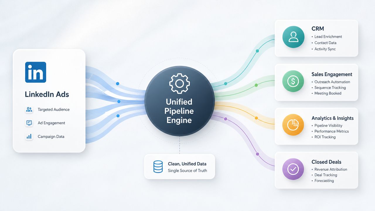 A diagram illustrating how LinkedIn Ads data integrates with a Unified Pipeline Engine for sales and analytics.