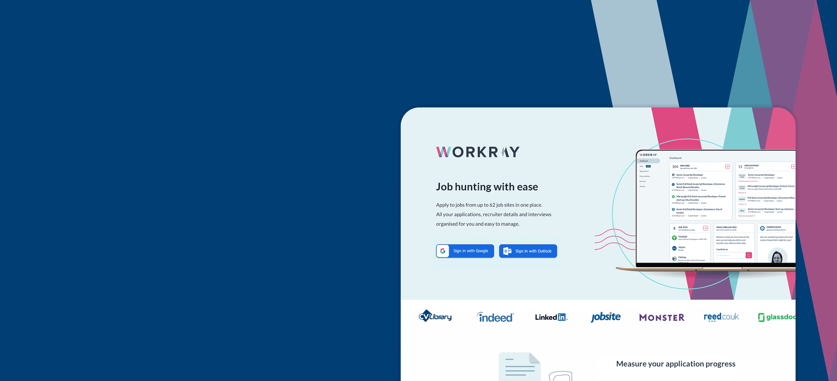 Colourful landing page telling the user they will ease their job hunt