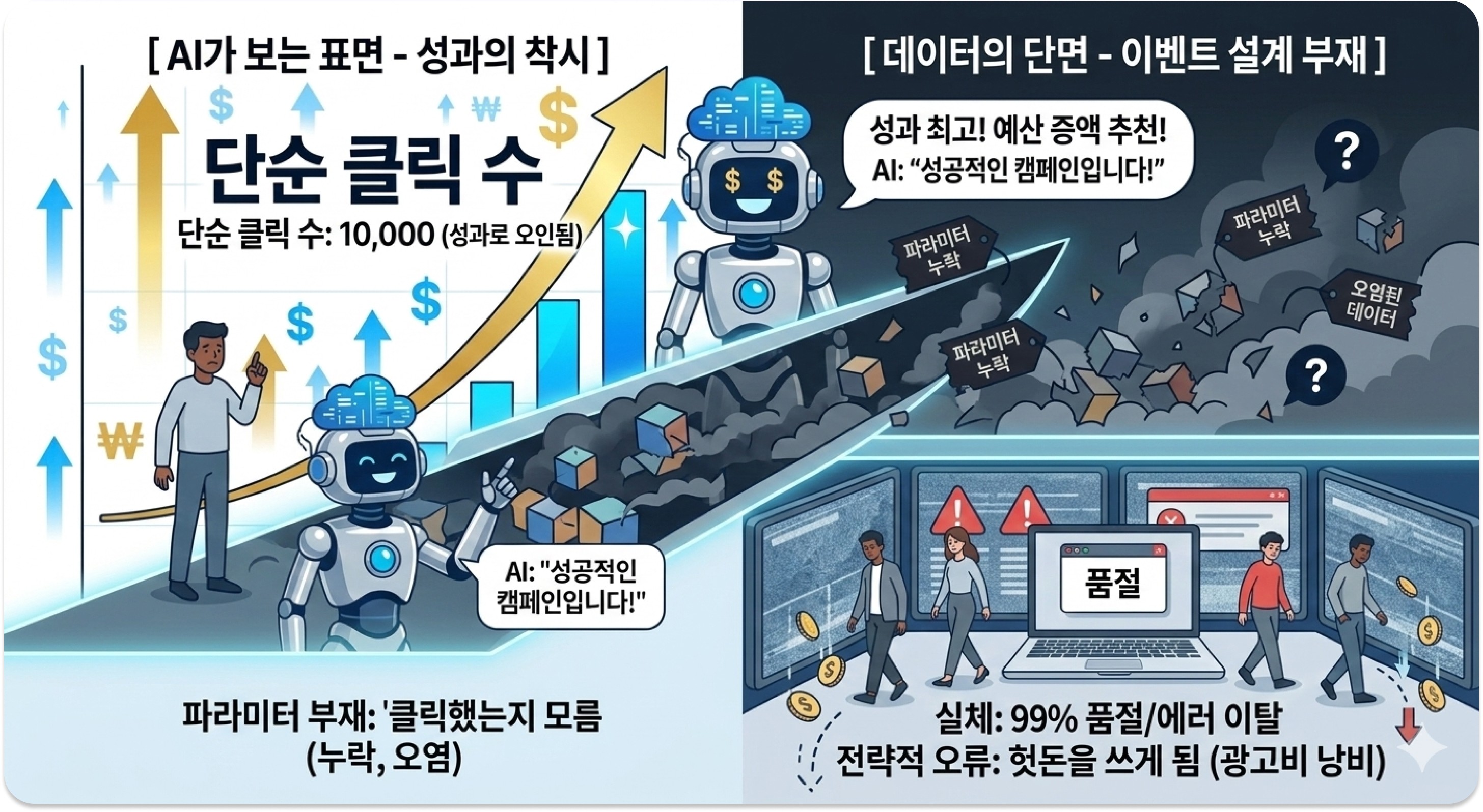 AI가 단순 클릭 수 증가를 성과로 오해하는 데이터 착시 / AI misreads clicks as performance due to missing data