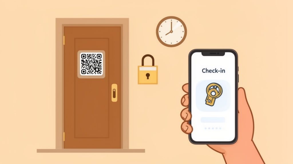 A person checks into a vacation rental using a smartphone app and QR code on the door.