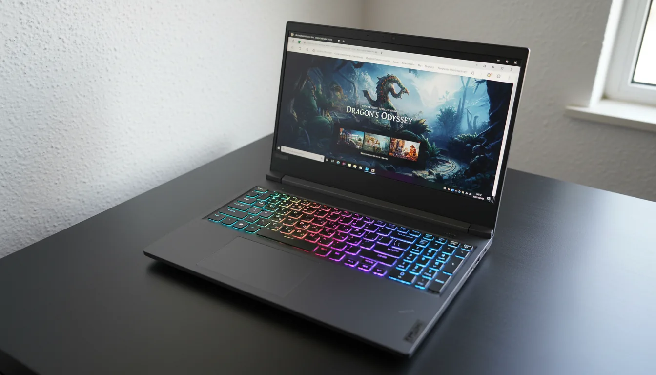 DSLR photography of a dark grey Lenovo Legion gaming laptop, open on a black matte desk against a textured white wall. High-angle shot showing the vibrant multi-color RGB backlit keyboard. The screen is illuminated, displaying a web browser with a colorful hero image for a fantasy series. Bright indoor light from the upper right creates a soft reflection on the desk surface. Sharp focus on the laptop.