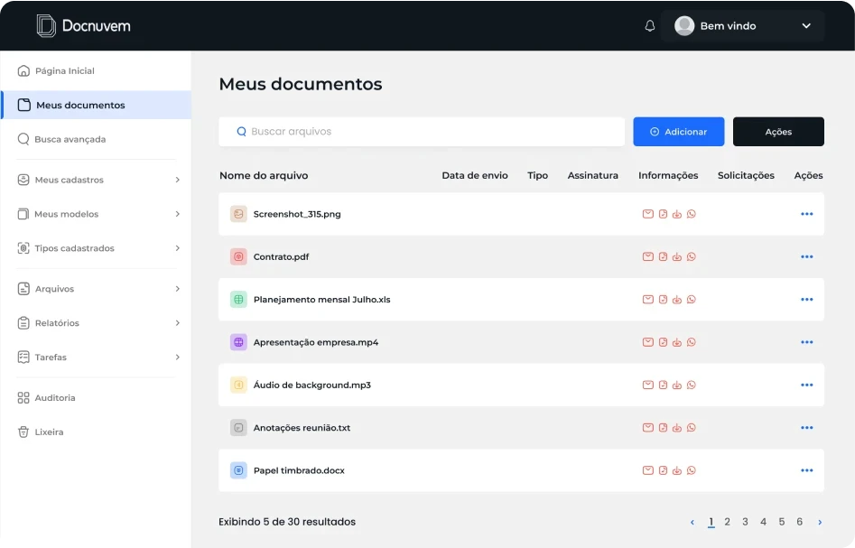 Tela de documentos do Docnuvem