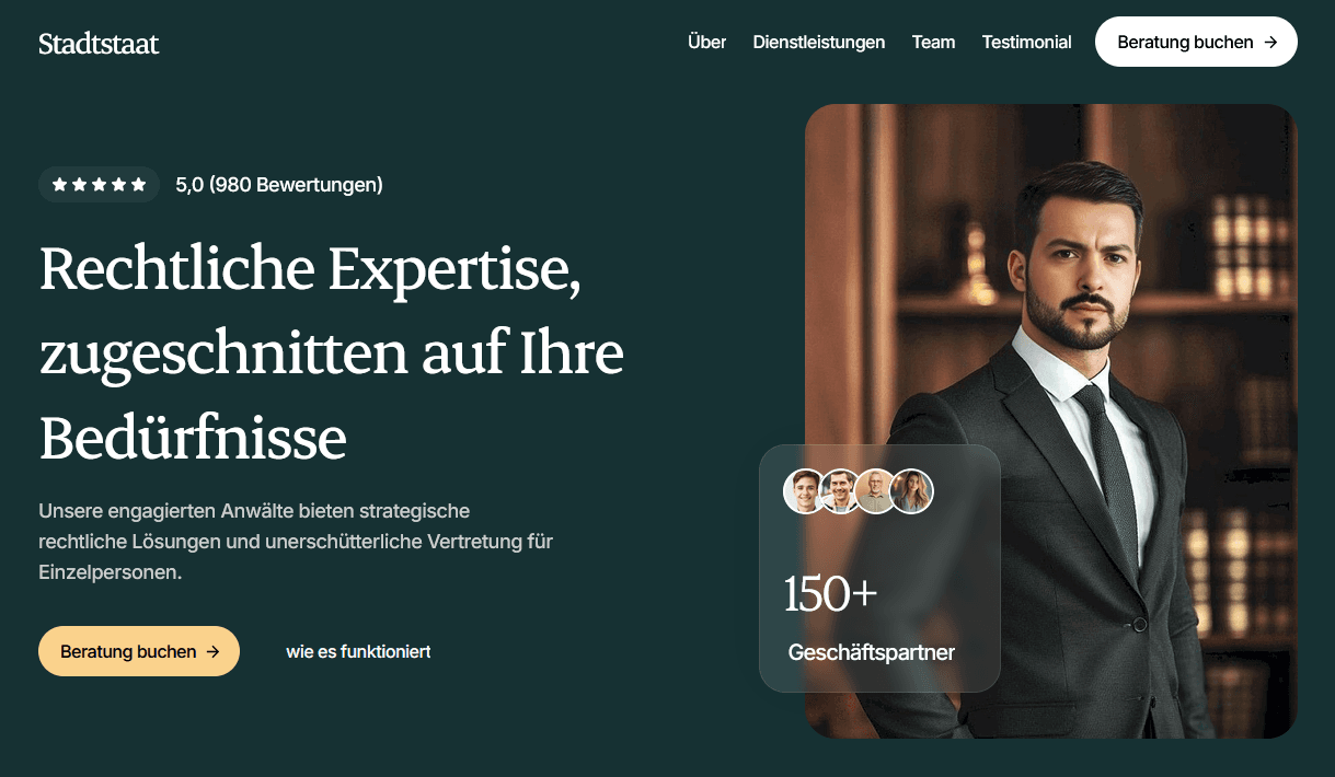 Hero Section eines Anwalts. Portfolio