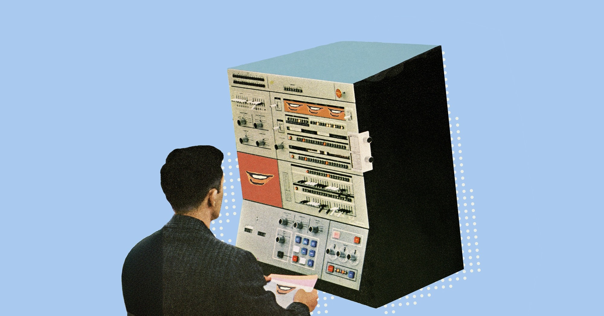 Hombre frente a computadora retro de control mecánico y palancas.