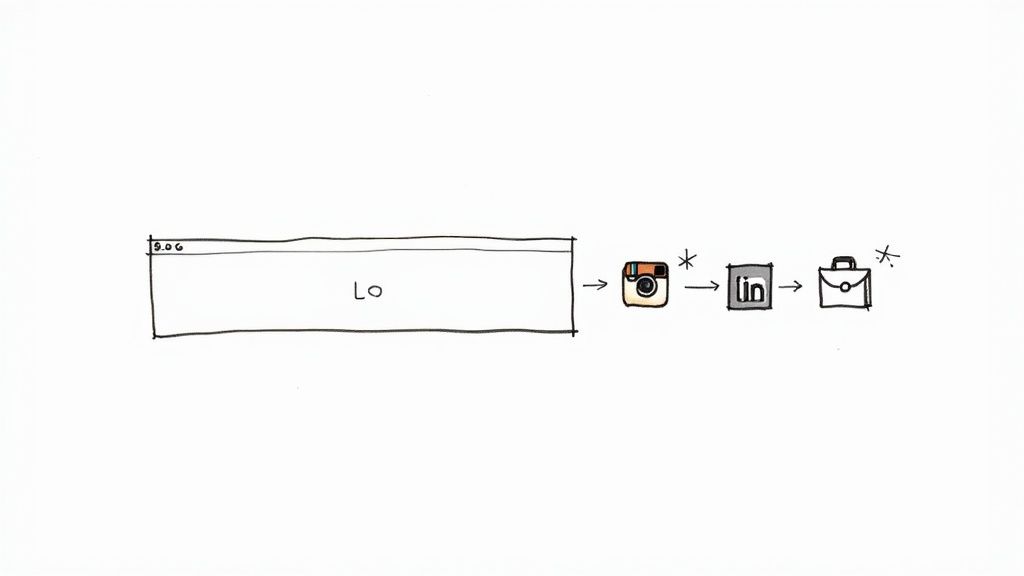 A diagram illustrates content flow from a source labeled 'Lo' through Instagram, LinkedIn, and ending with a briefcase icon.
