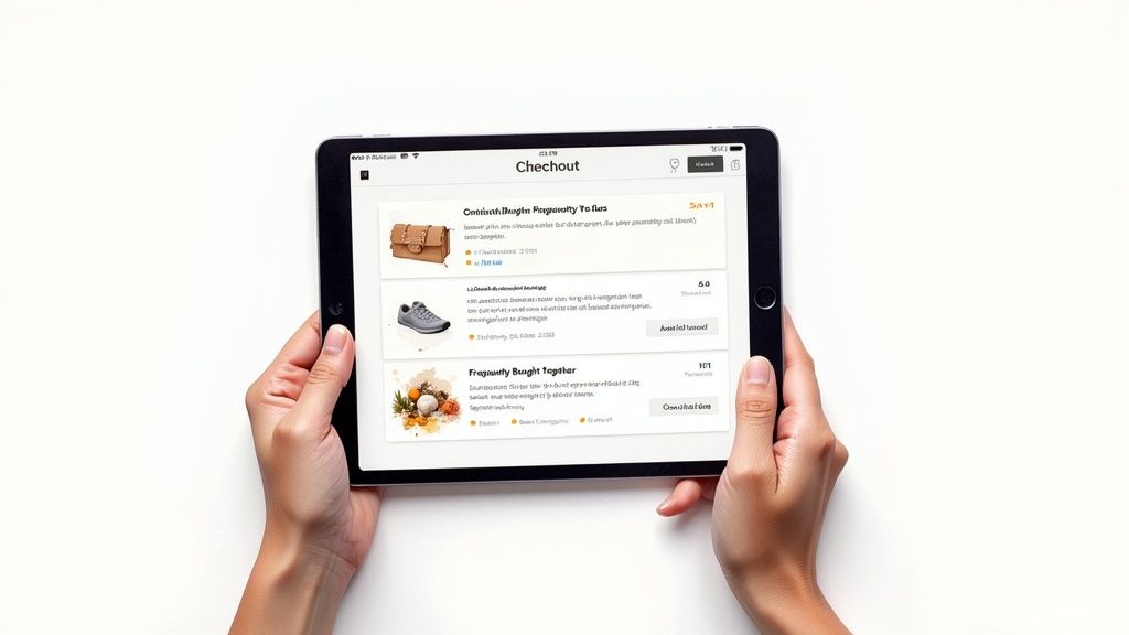 Person holding a tablet displaying an e-commerce checkout screen with various product listings.