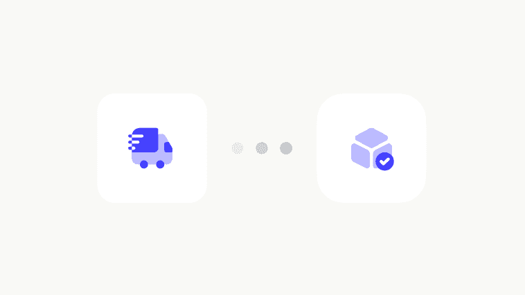 UI element: stylized building and cube icons connected by three horizontal progress dots.
