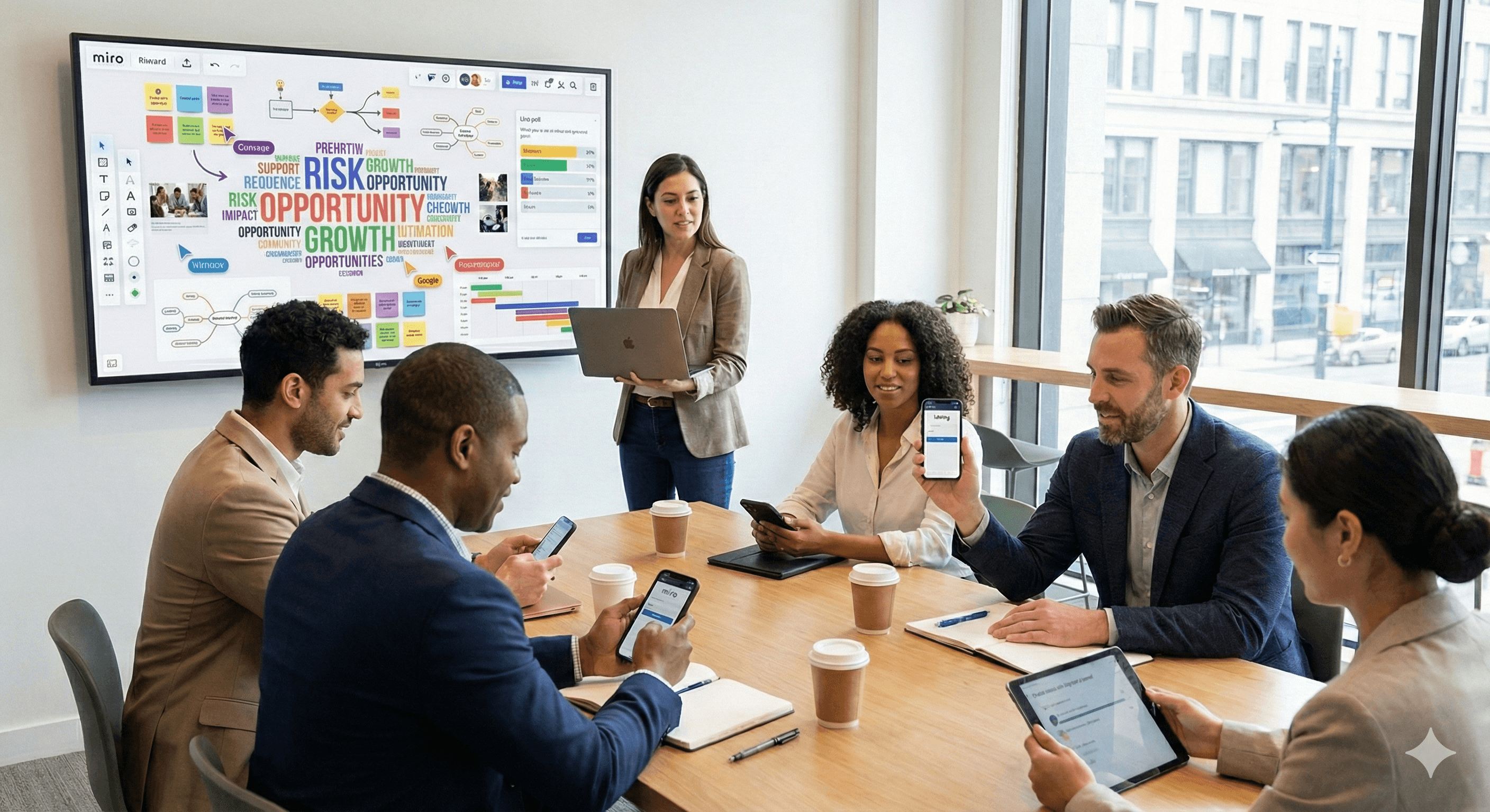 A diverse group of professionals are engaged in a collaborative meeting around a wooden table, utilizing digital devices and a Miro Engage board displayed on the wall, surrounded by modern office windows.