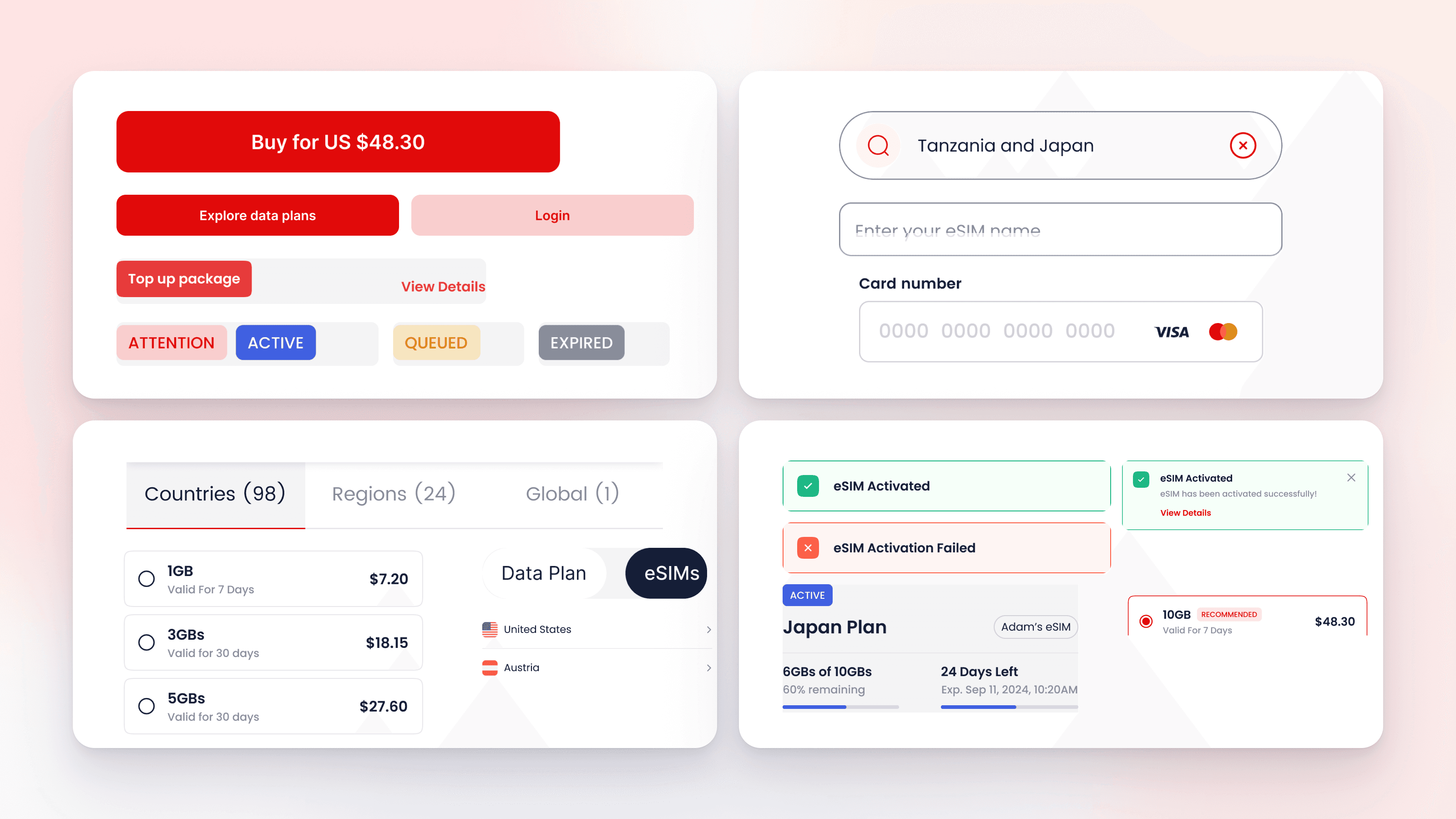 Component sheet with real content: buy button, status chips, search field, plan rows, country tabs and toasts