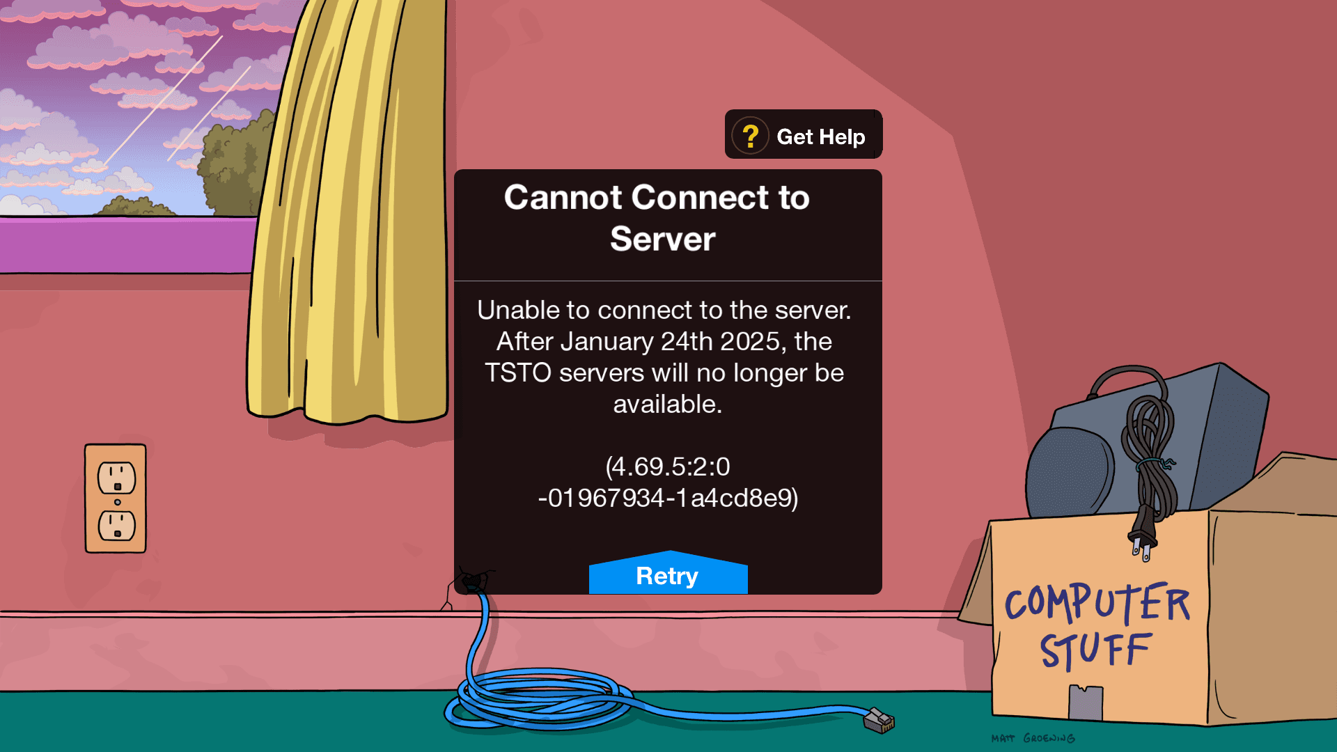 Cannot connect to server message in The Simpsons: Tapped Out with server shutdown notice.