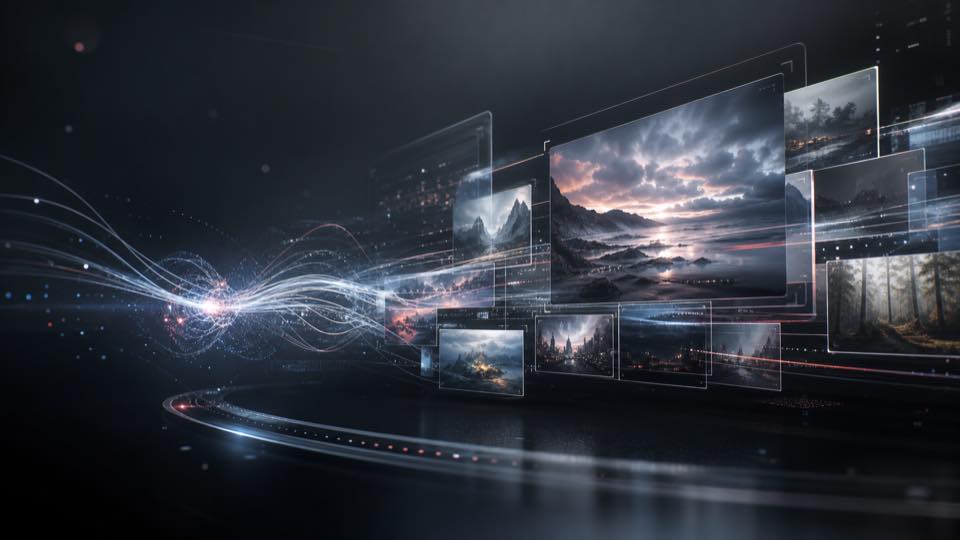 Futuristic AI video generation scene with luminous cinematic frames and neural light trails for the APOB AI Sora 2 Pro alternative.
