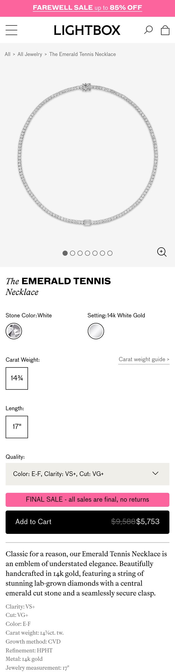 Jewelry product options include: necklace for The Emerald Tennis Necklace from Lightbox Jewelry.