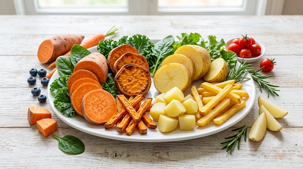 A high-quality food photography layout comparing the nutritional elements of sweet potatoes and white potatoes. The white platter is split, showing vibrant orange raw sweet potato slices, roasted rounds, and baked sweet potato fries on one side, and yellow potato slices, boiled cubes, and standard French fries on the other.