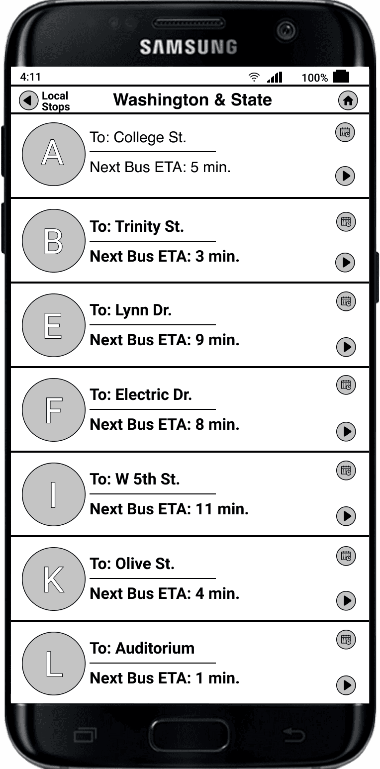 A wireframe of a mobile transport app's screen showing available bus lines