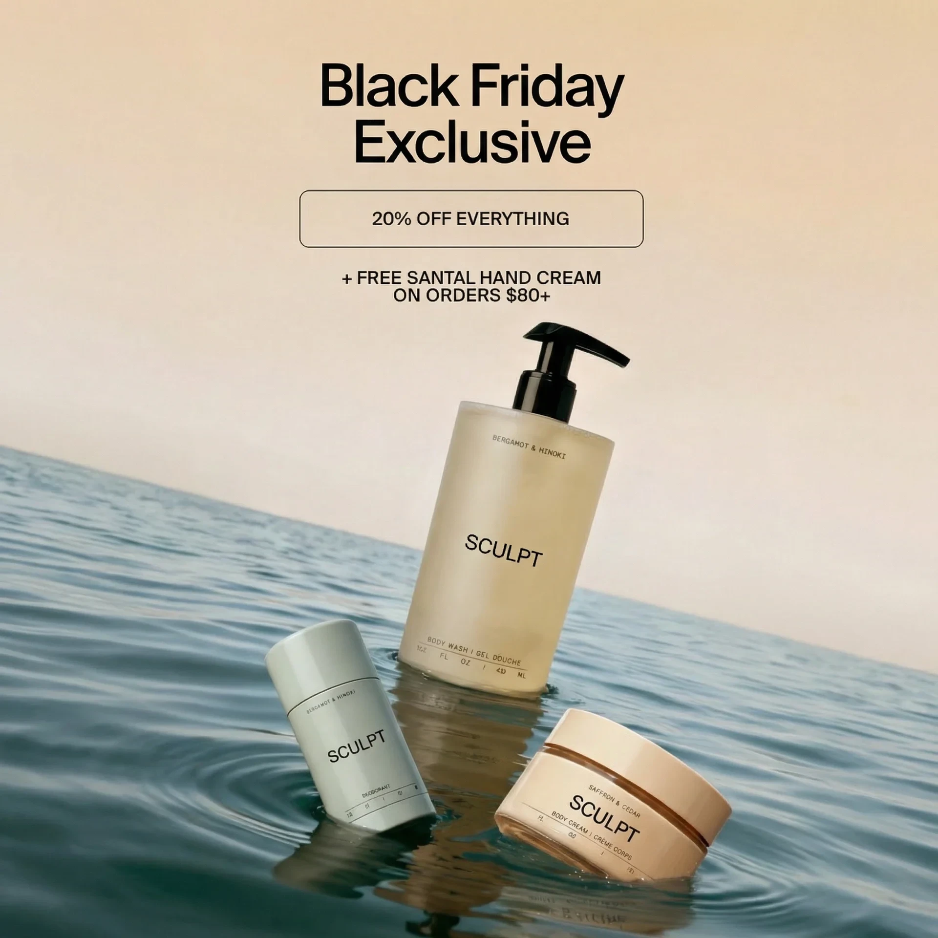 AI skincare ad creative featuring cosmetic products in water with promotional layout for ecommerce conversion campaigns