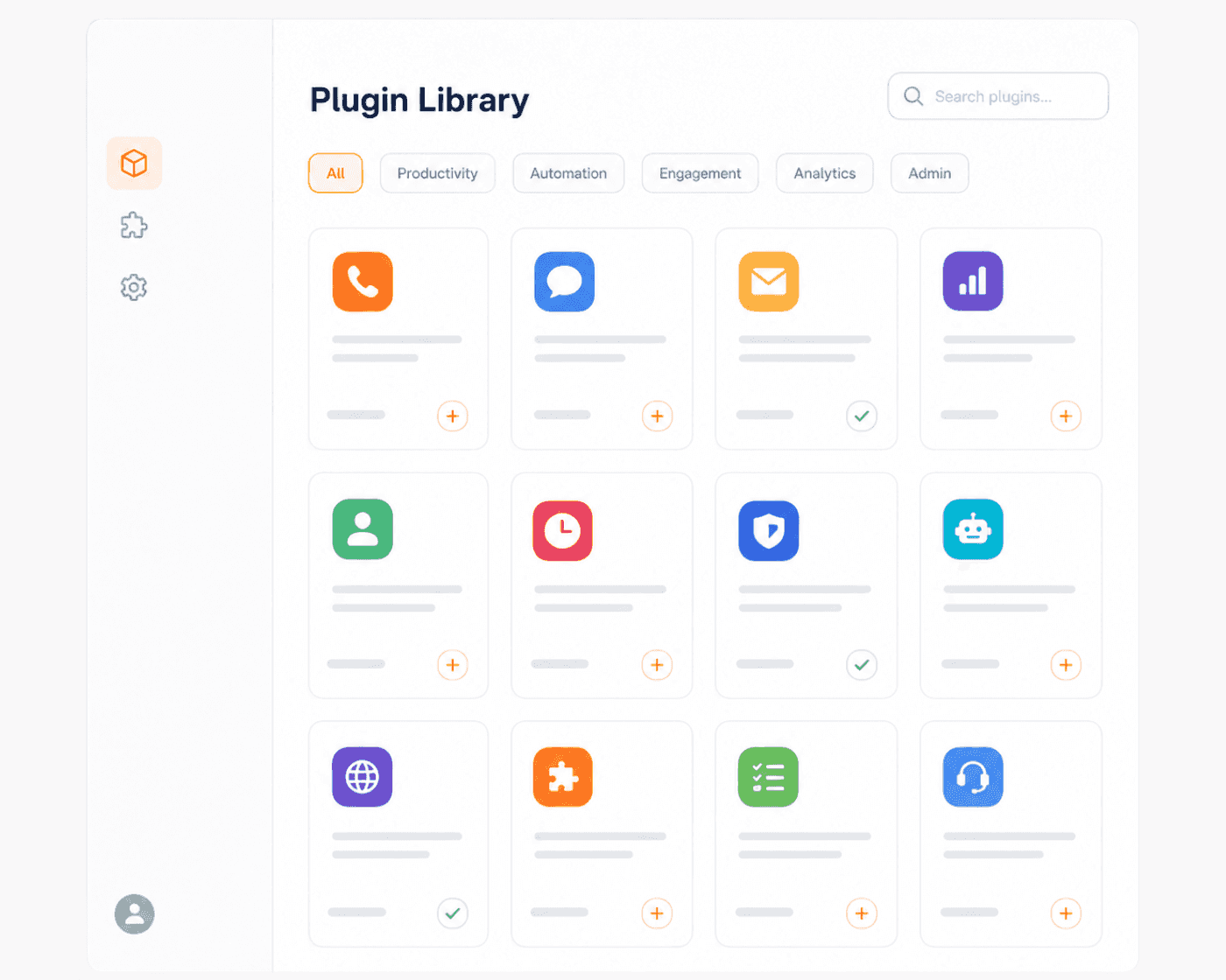 Plugin library interface with various icon cards and a search bar.