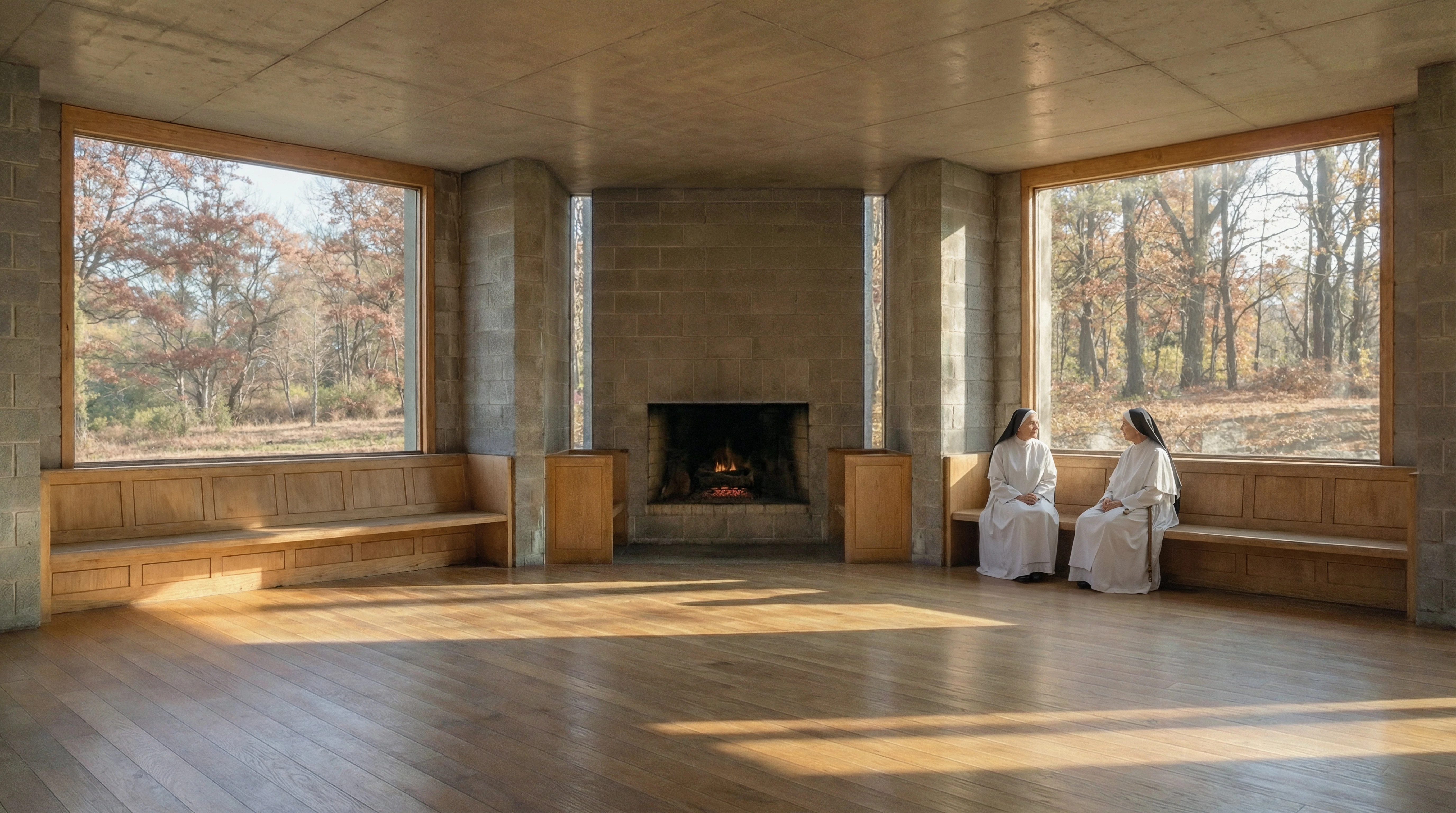 Large interior hall with exposed concrete ceiling and solitary figure — Dominican Motherhouse II visualization