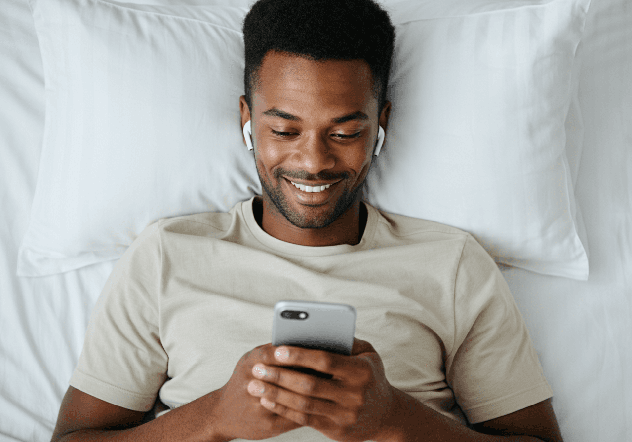 Man laying in bed looking at smart phone.