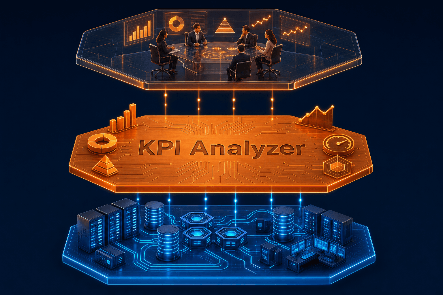 Geschäftsleute analysieren Daten auf einem leuchtenden "KPI Analyzer"-Board, das eine SAP Transformation und digitale.
