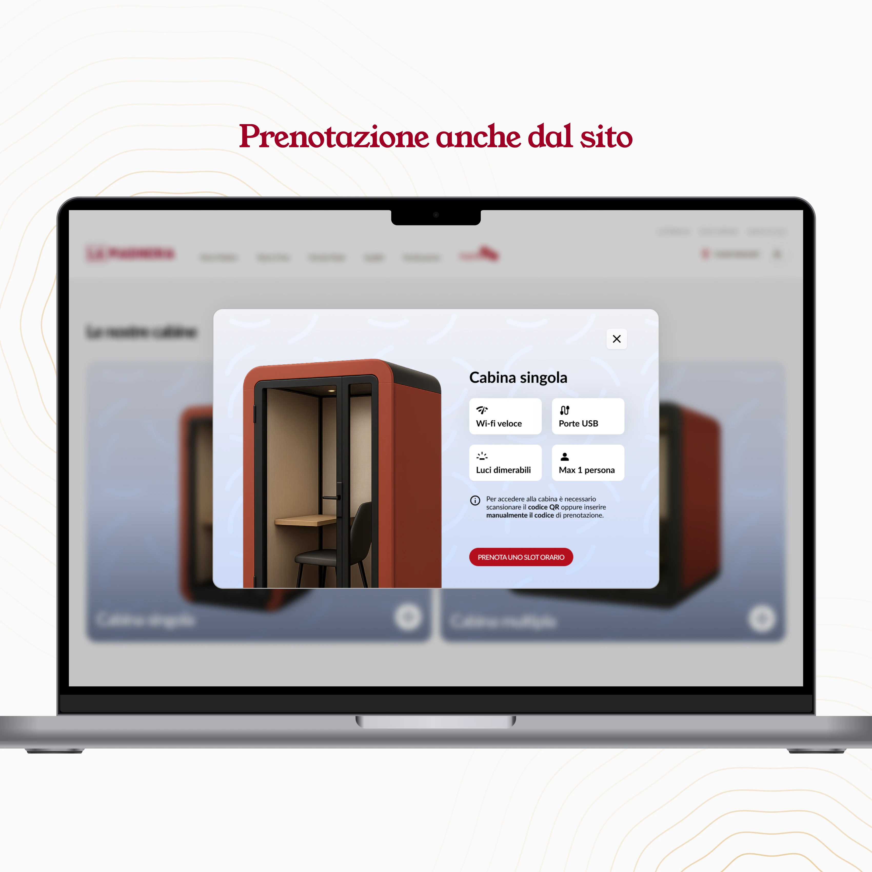 Mockup desktop di un'interfaccia di prenotazione della cabina da sito web