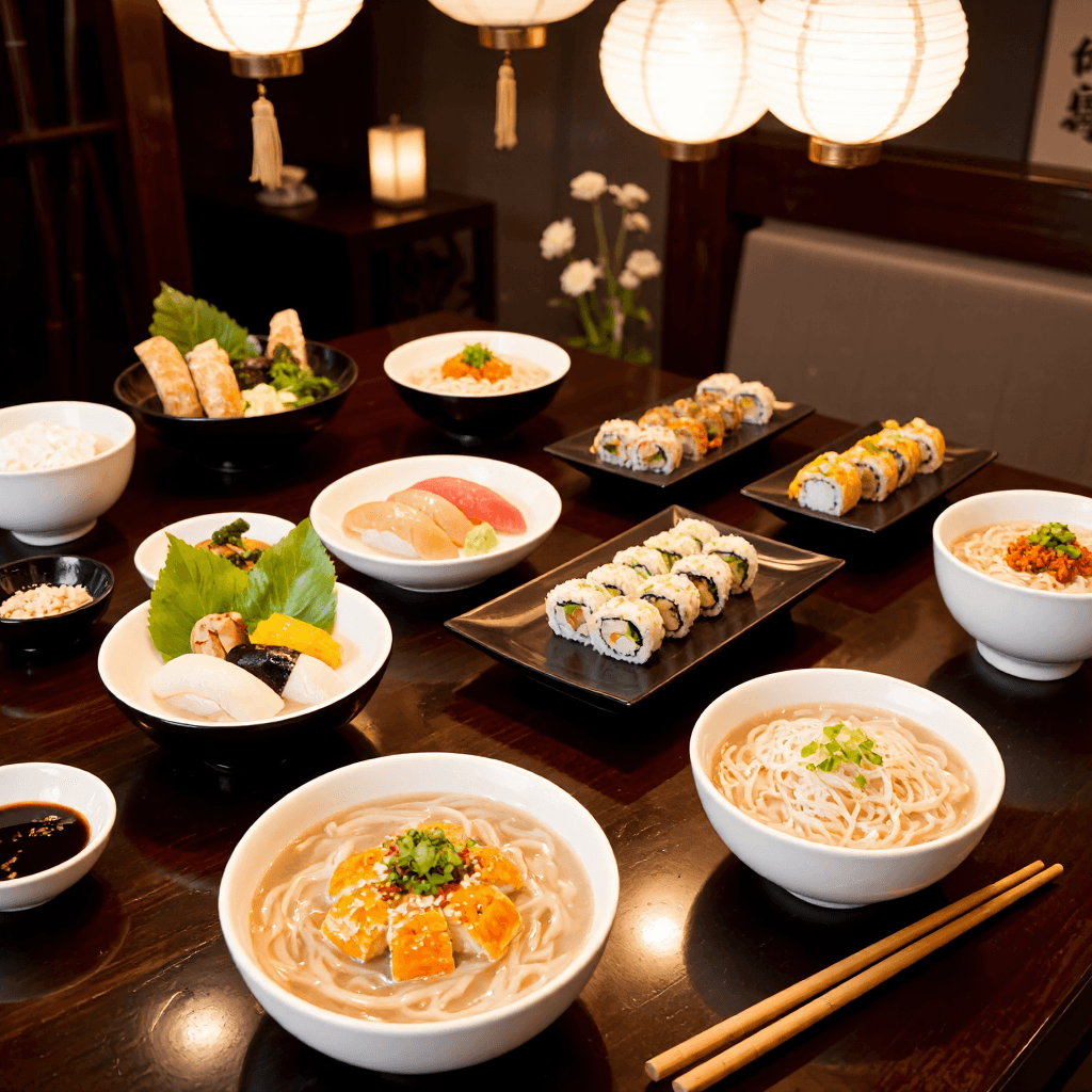 product photography of a set of sushi and udon