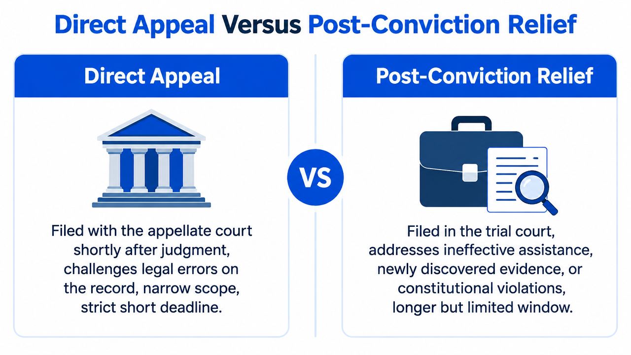 A comparative chart illustrating the key differences between direct legal appeals and post-conviction relief procedures.
