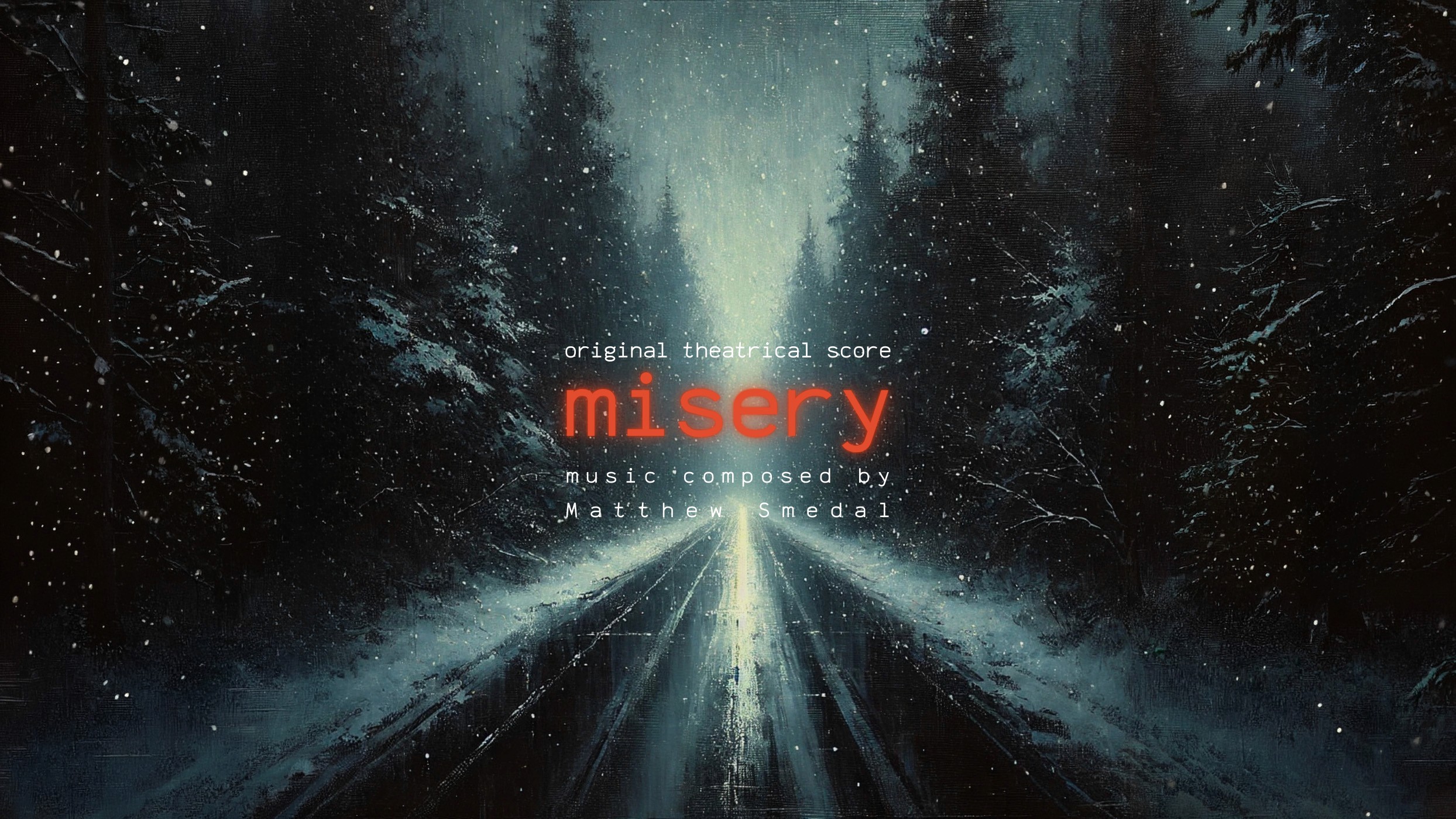 Misery original theatrical score artwork showing a snow-covered forest road.