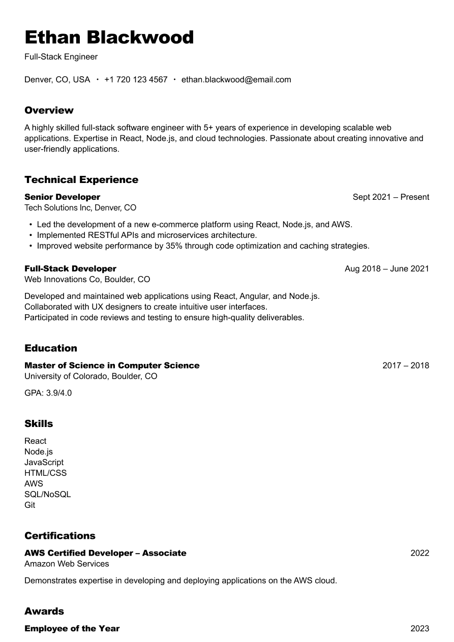 Full-stack software engineer resume example showing both frontend and backend experience