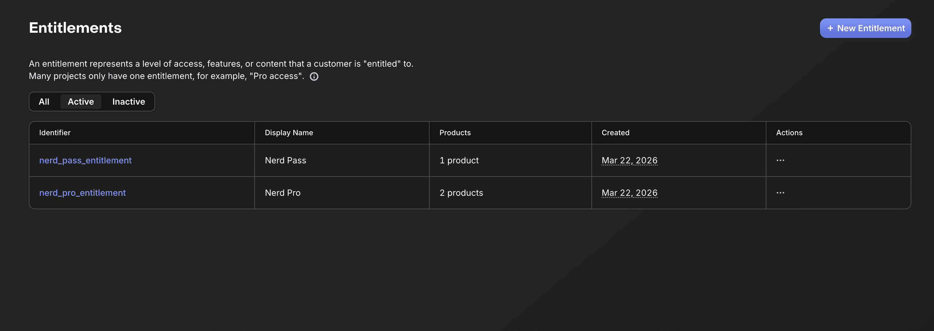 RevenueCat entitlements page showing nerd_pass_entitlement and nerd_pro_entitlement configured