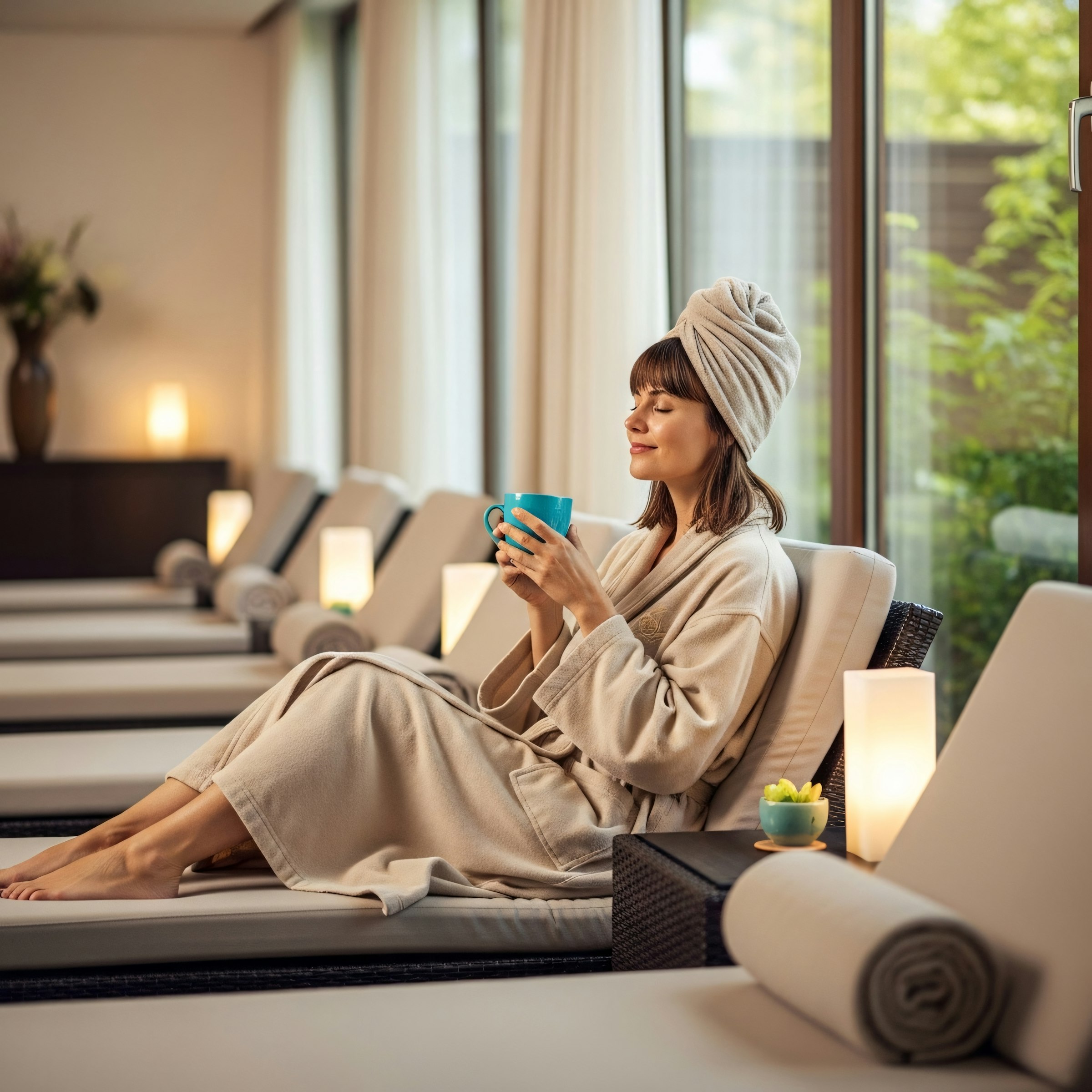 Relaxing spa scene with a woman in a beige robe enjoying a drink, surrounded by cozy lounge chairs and soft lighting.
