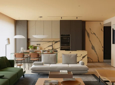 Contemporary open-plan living room and kitchen with minimalist furniture and soft neutral tones