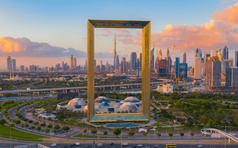 A view of the Dubai city skyline seen through the Dubai Frame.