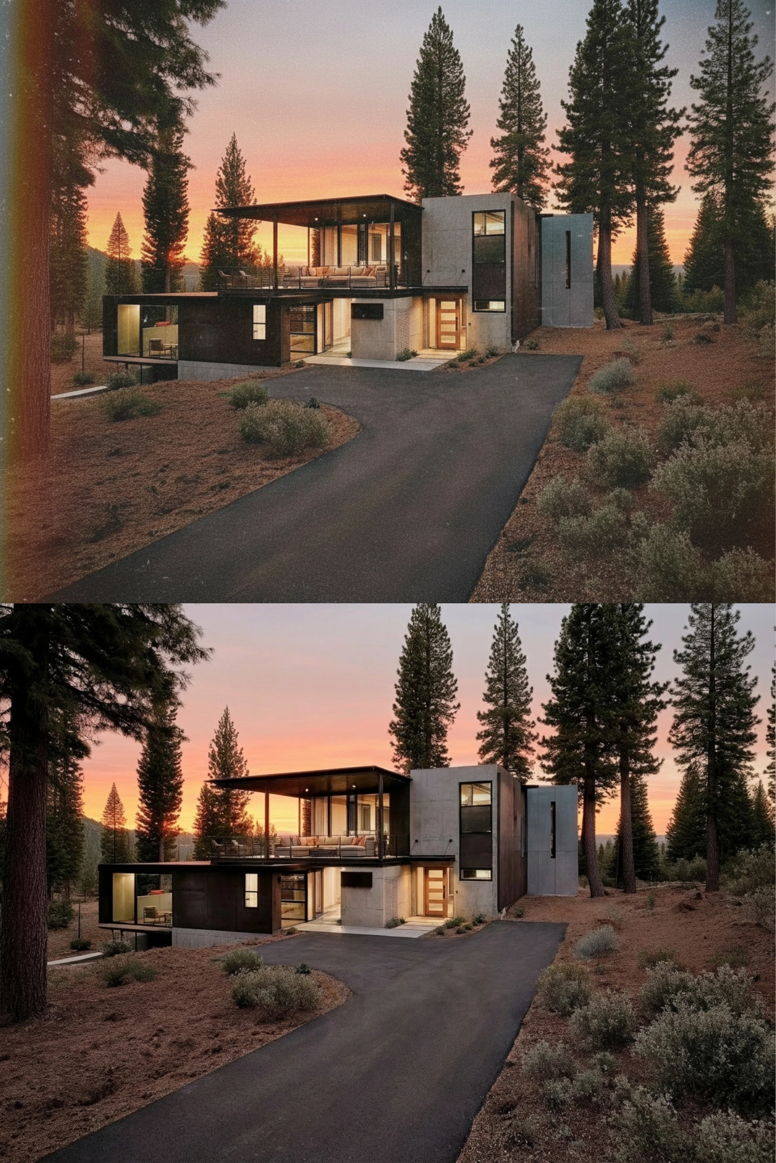 Modern house photo restored from low-light original.