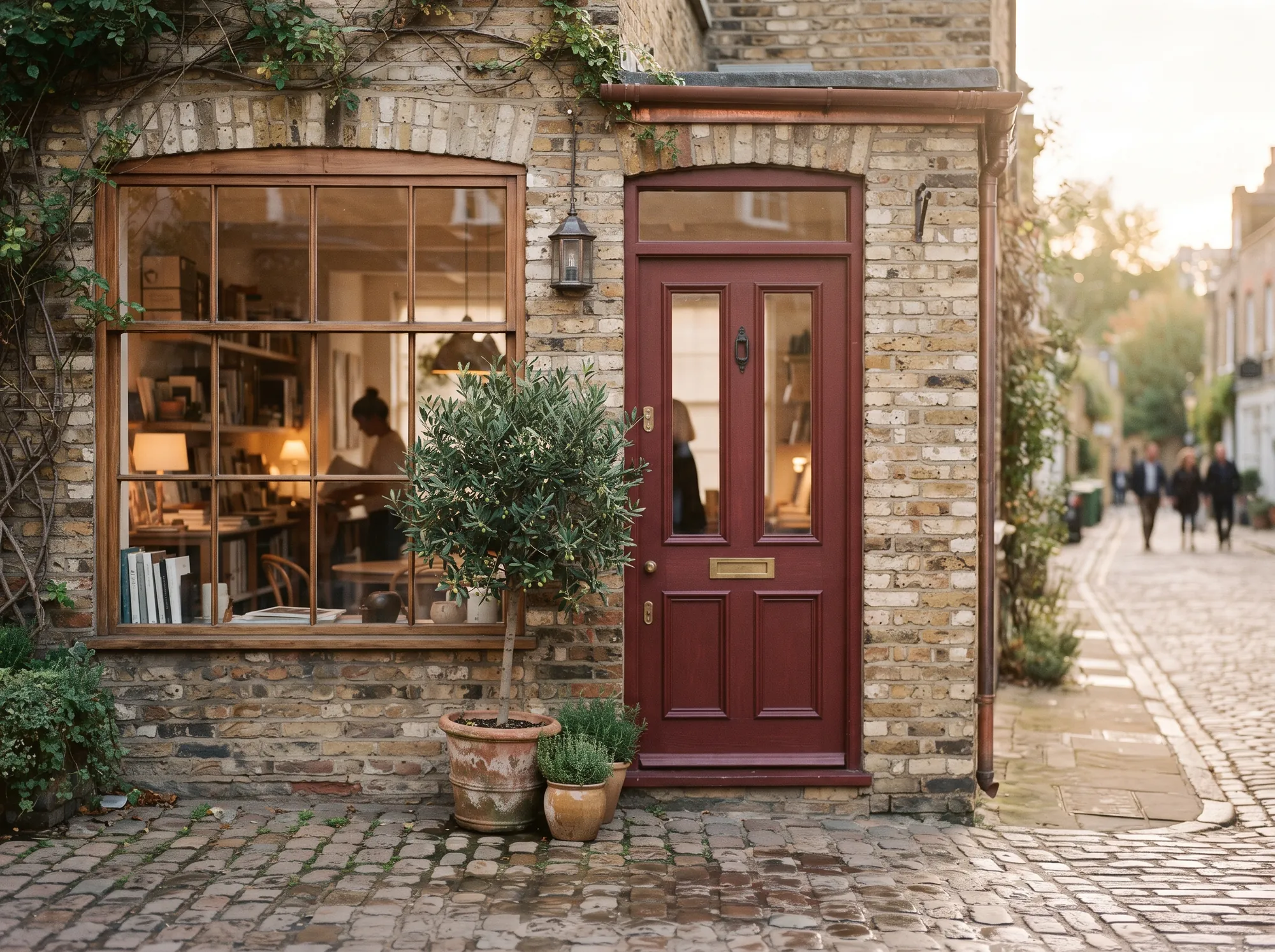 Studio storefront with a dark red door and a potted olive tree