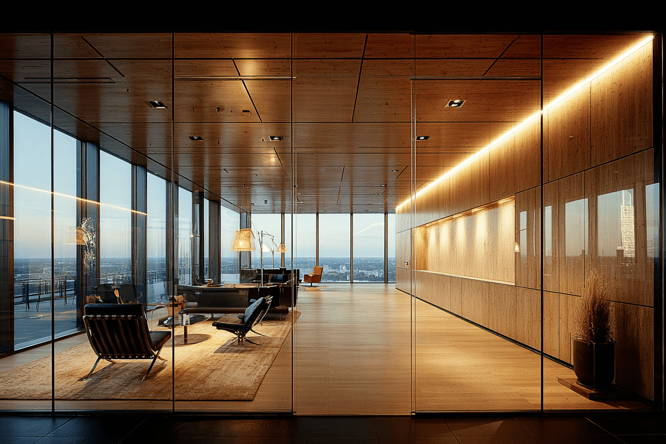 A modern, minimalist office space with floor-to-ceiling glass walls, warm wood-paneled ceilings and walls, and sleek designer furniture, overlooking a city skyline at dusk.