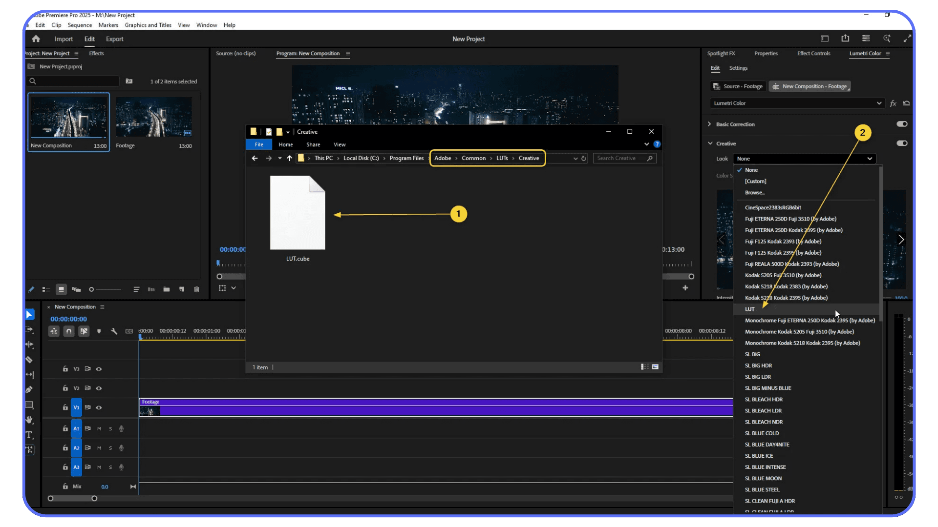 Installing custom LUT files into the Adobe Premiere Pro Creative LUTs folder on Windows