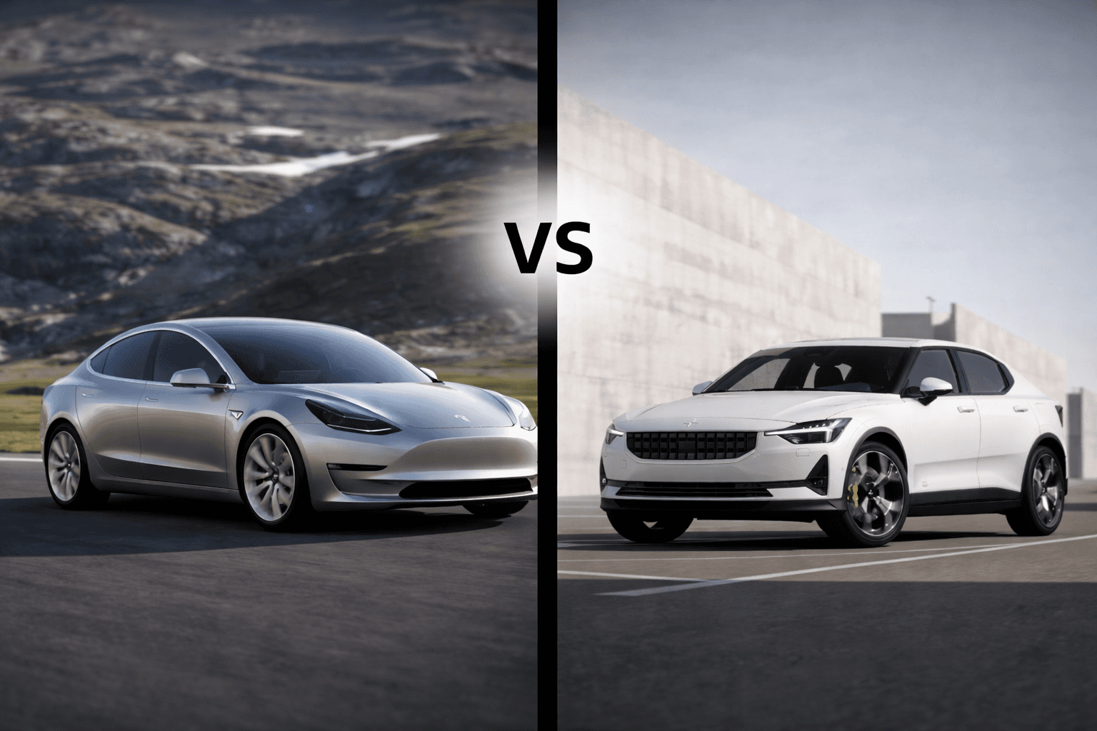 Comparatif visuel entre une Tesla Model 3 et une Polestar 2, illustration d’un guide d’achat d’occasion en 2026