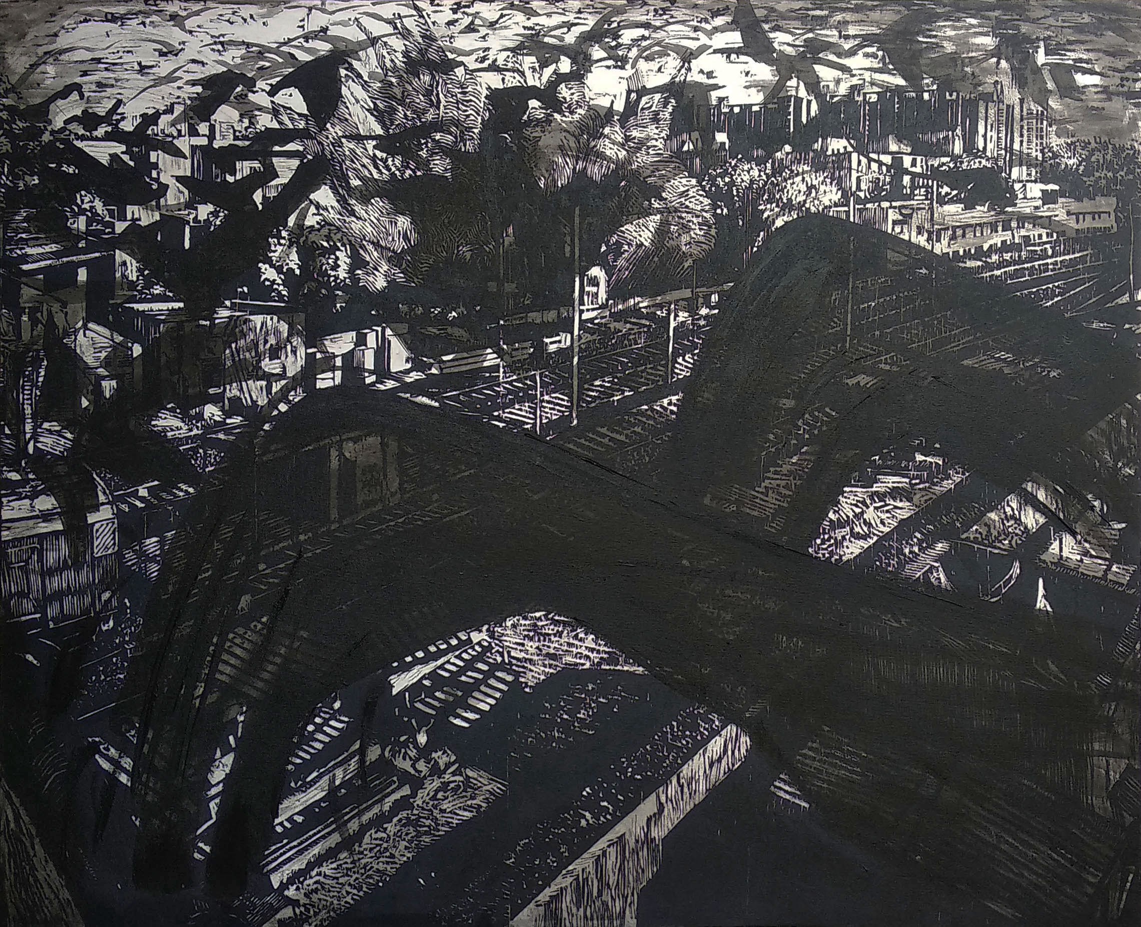 herd of sheep on road painting