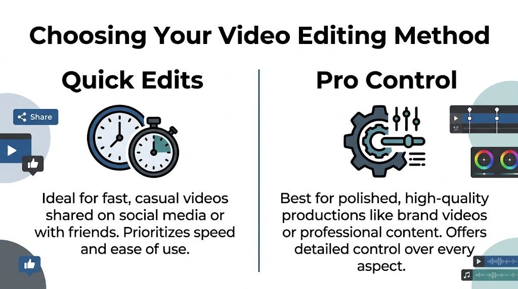 A comparison chart showing two video editing approaches: Quick Edits for casual content and Pro Control for professional projects.