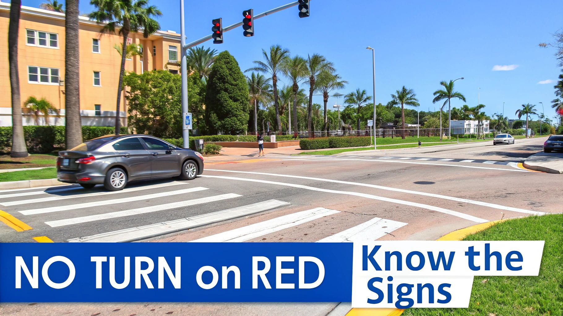 A grey car stops at a crosswalk at an intersection with red traffic lights, a pedestrian, and palm trees.