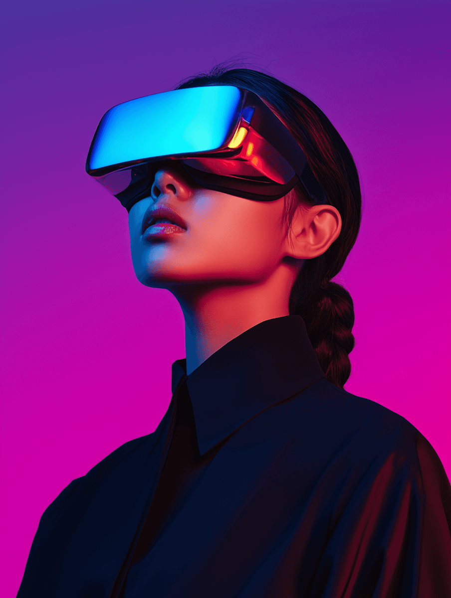 Lady wearing virtual glasses in a gradiet background