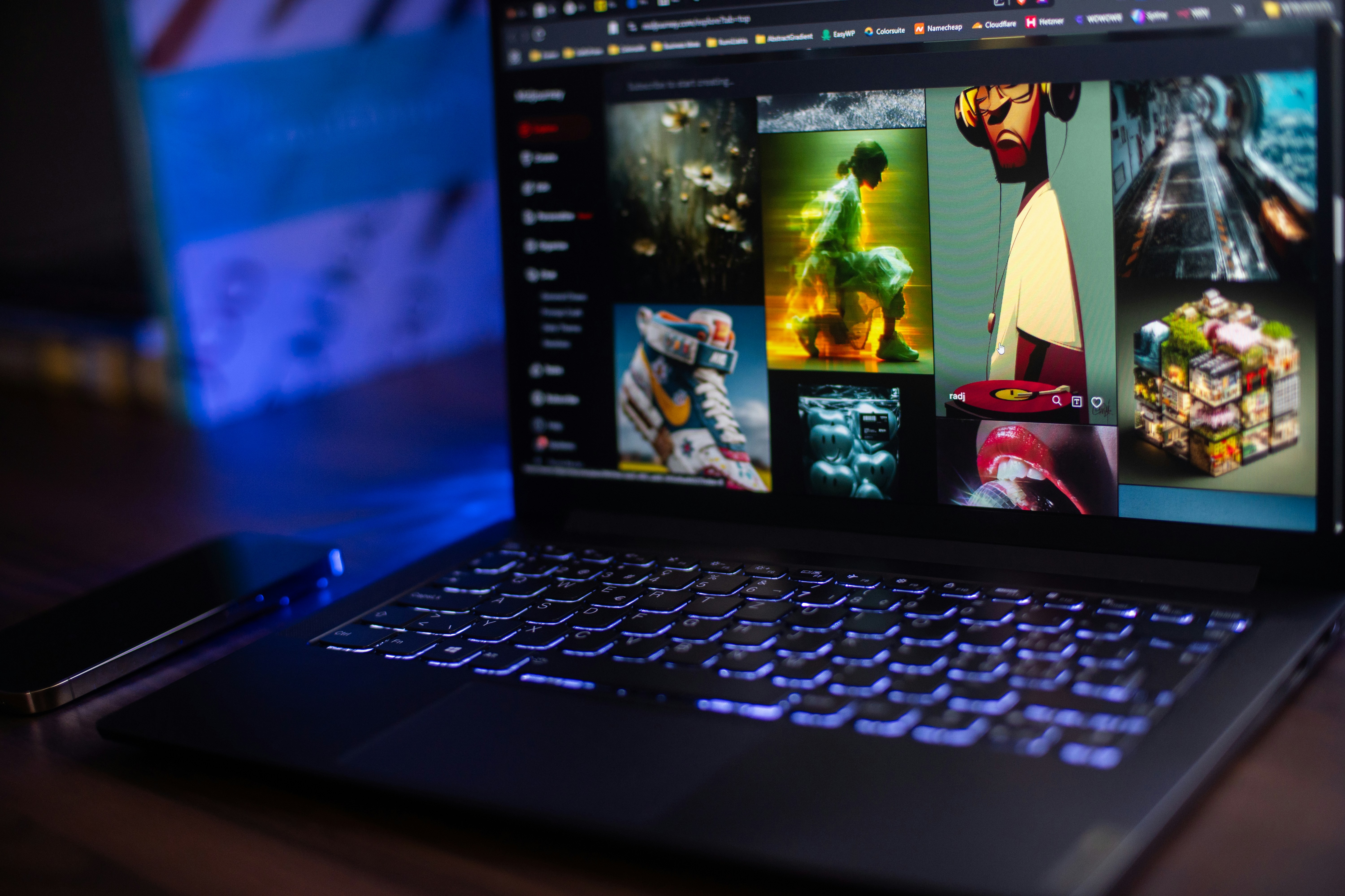 Laptop shows a streaming service with movie options.