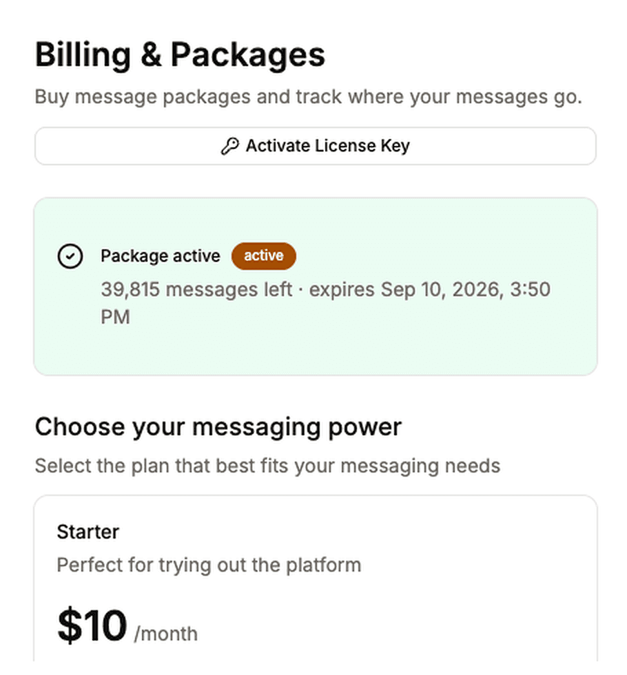 Billing and Packages screen showing an active package with remaining messages and expiry, above the package tiers.
