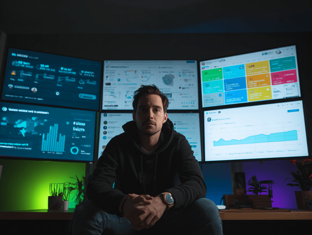 man looking stressed at the data behind him