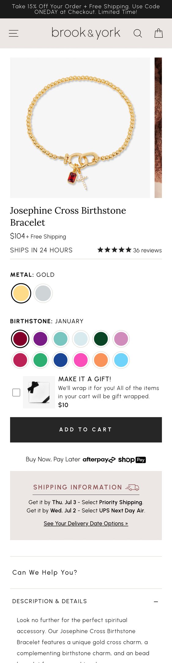 Jewelry product options include: bracelet, birthstone for Josephine Cross Birthstone Bracelet from Brook & York.