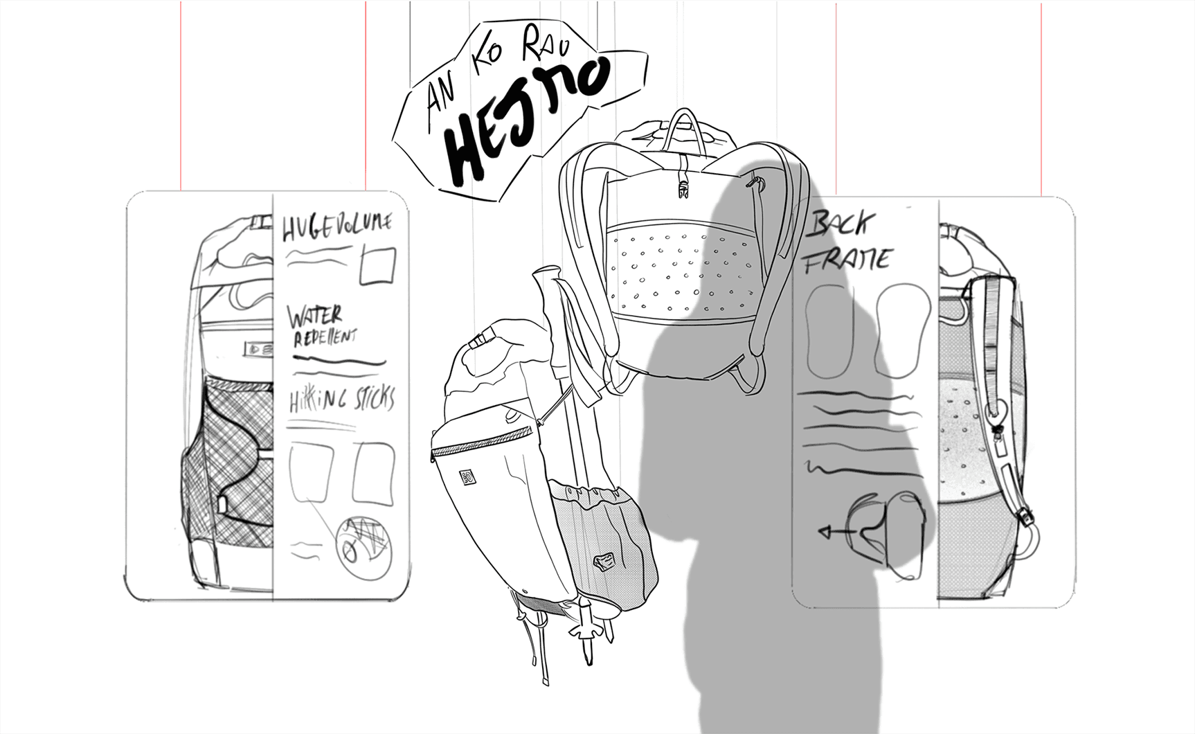 Concept sketch for the AN KO RAU backpack exhibition, detailing three modular backpack models and back frame features.