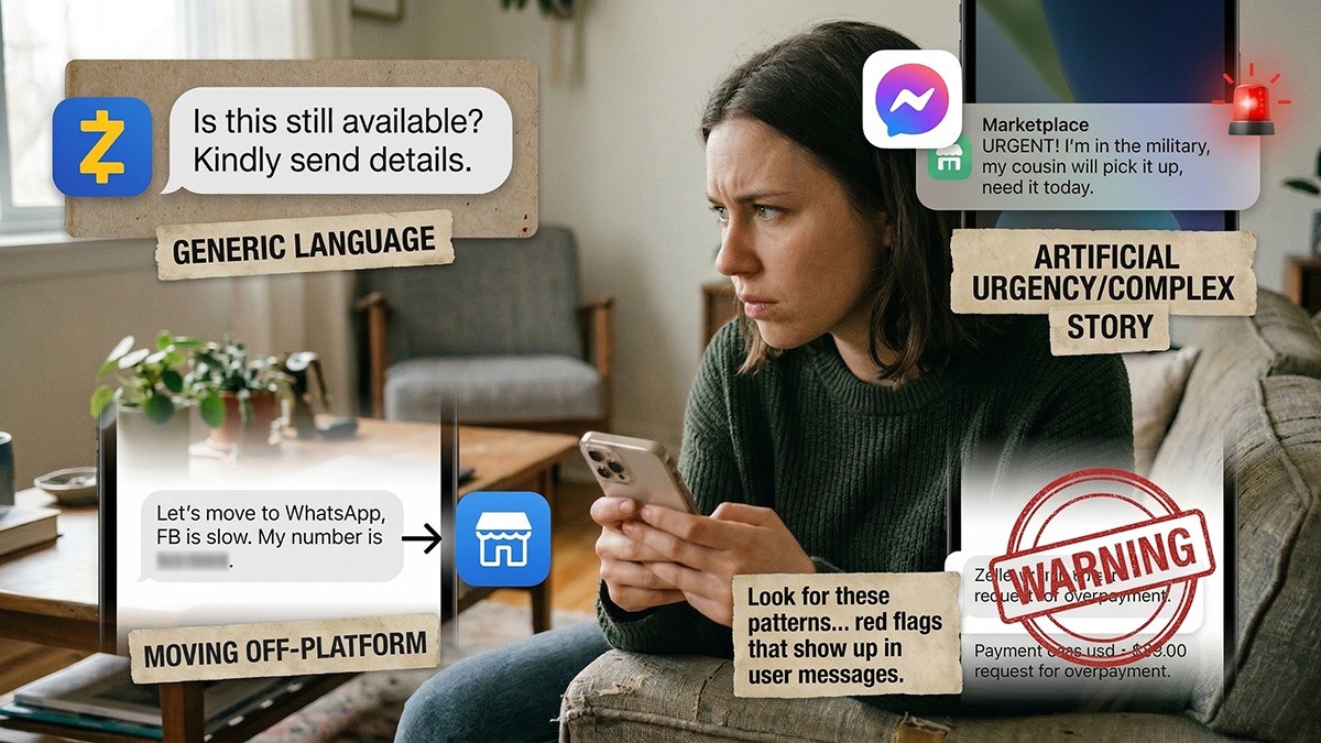 Visual guide to spotting Facebook Marketplace scam red flags, including generic language and urgent stories in buyer messages