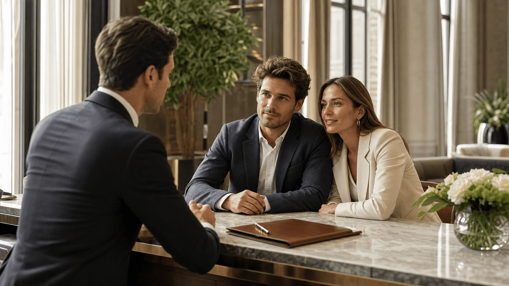 Concierge de luxe dans un salon élégant, conçu pour inspirer confiance immédiatement aux clients.