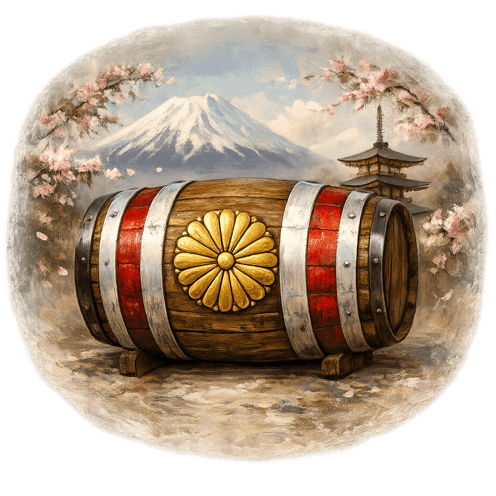 Wine barrel featuring the Japan national emblem for regional wine education.