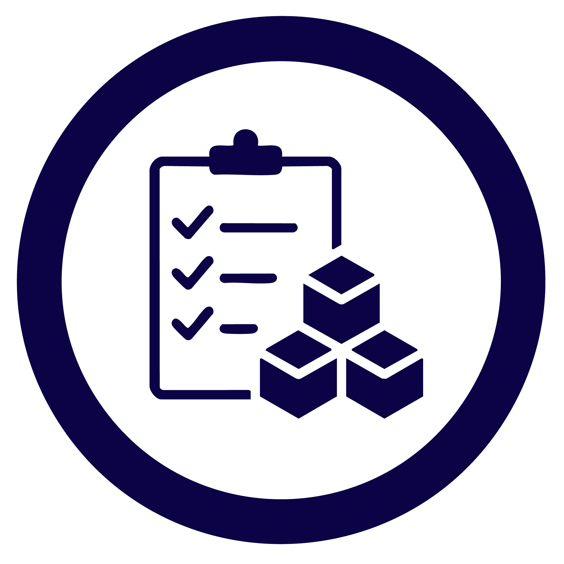 circle icon in blue of a checklist with boxes in the bottom right corner